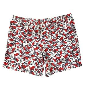 Vineyard Vines Swim Trunks Men XXL Hawaiian Red White Floral Whale Logo Beach 7"